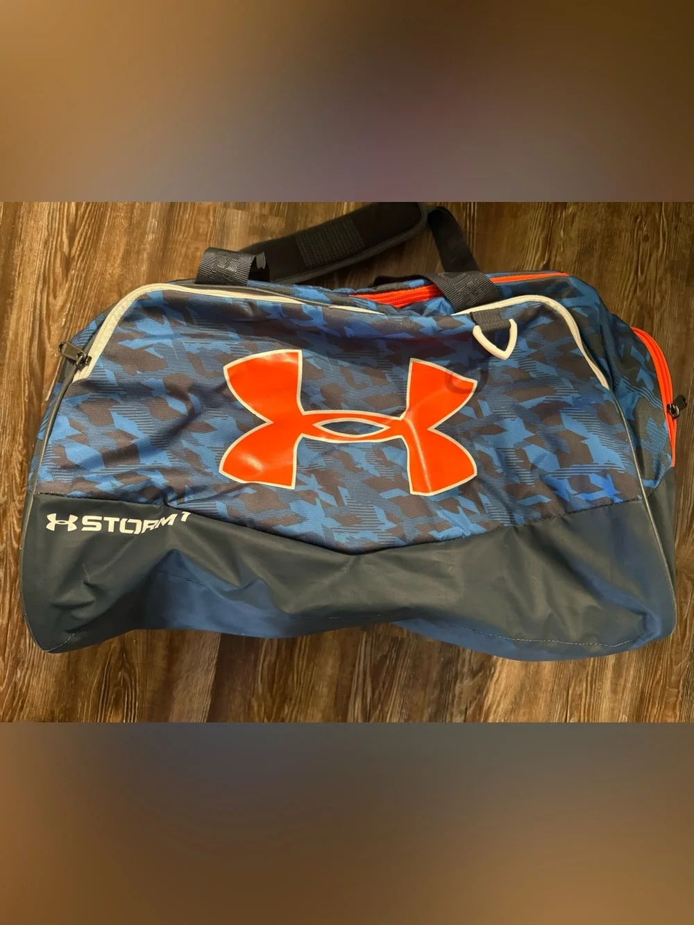 Under Armour Blue Camo Duffel with Bright Orange Logo